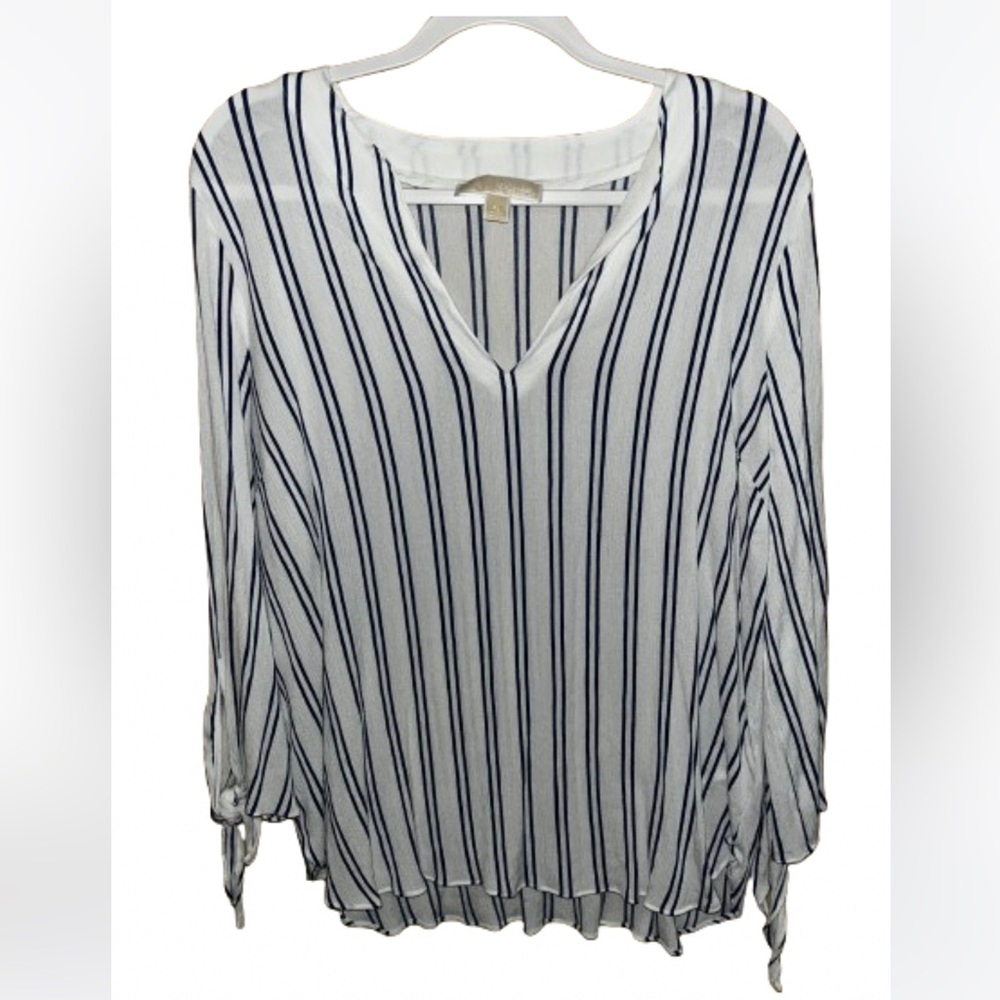 Michael Kors Striped V-Neck Blue White Casual Office Blouse Size XL Tie Sleeve